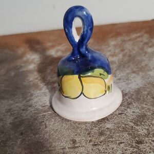Vintage Hand-Painted Ceramic Bell with Blue and Yellow Design